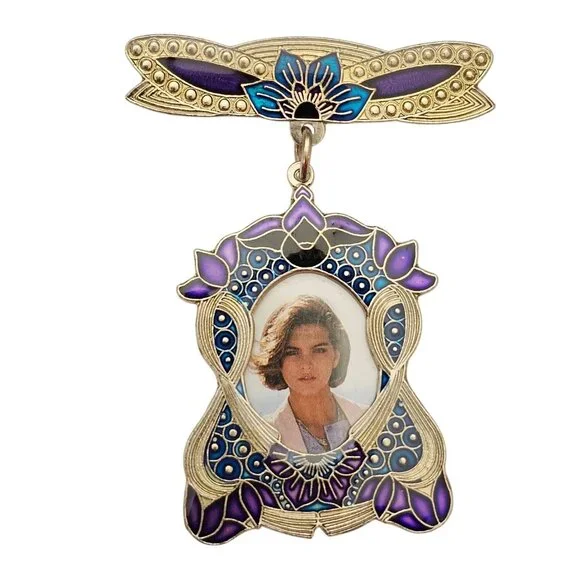 Blue Purple Enamel Photo Holder Brooch Bar Dangle Pin C629